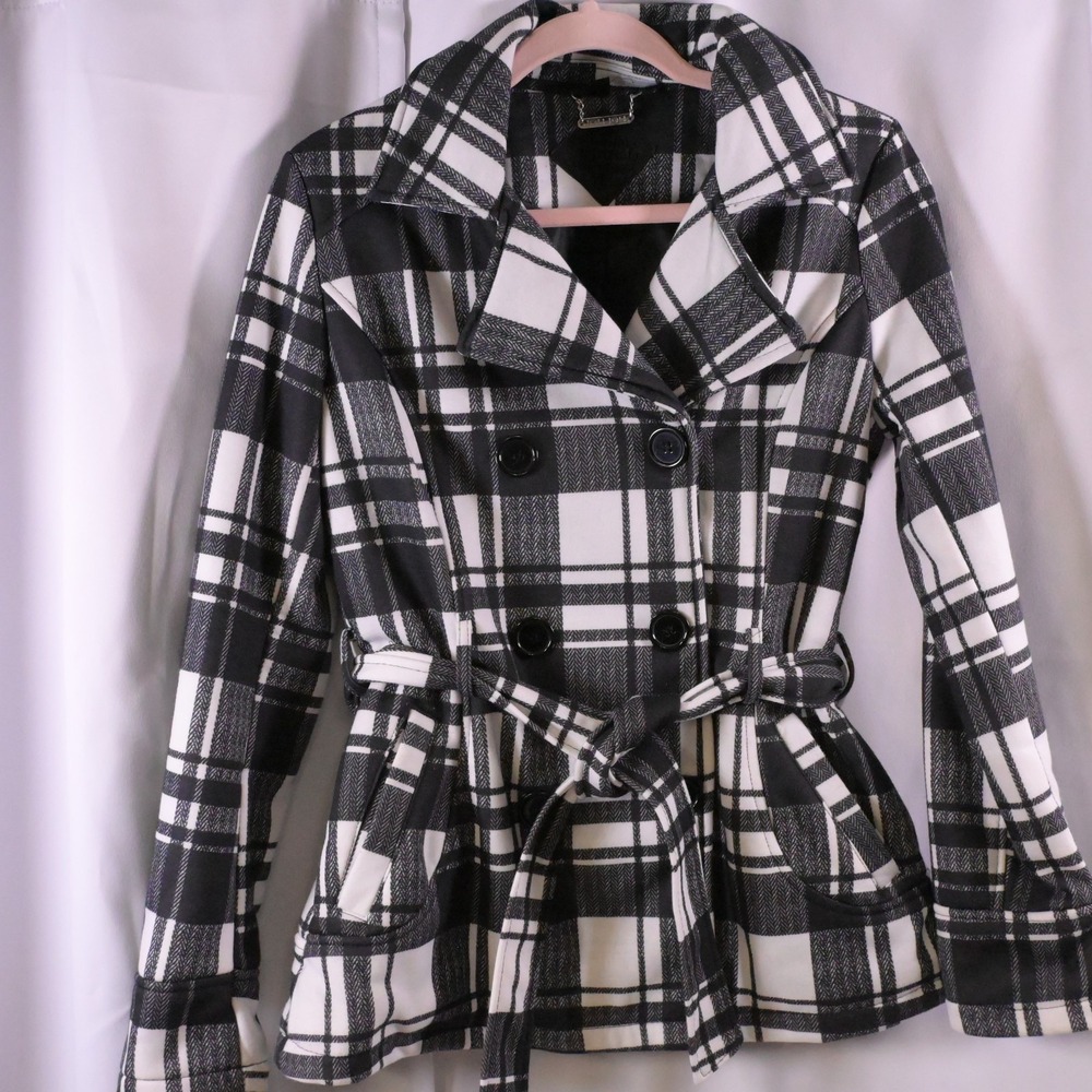 Joujou Black White Plaid Double-Breasted Belted‎ Pea Coat Women's Medium